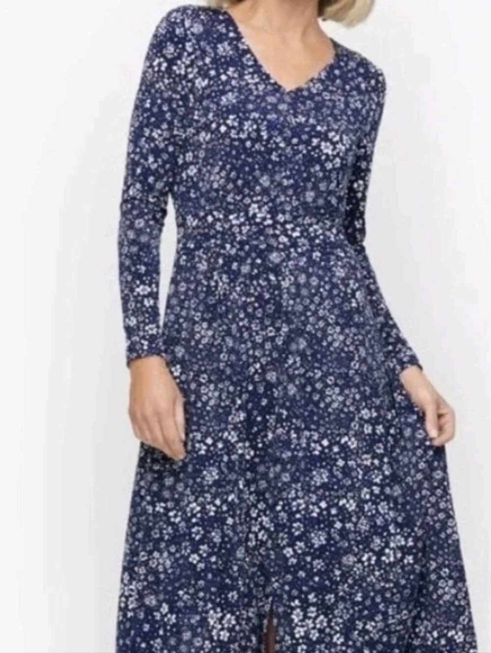 Talbots Navy Blue Cream Ditsy Floral Print Button Front Long Dress Size XL NWT